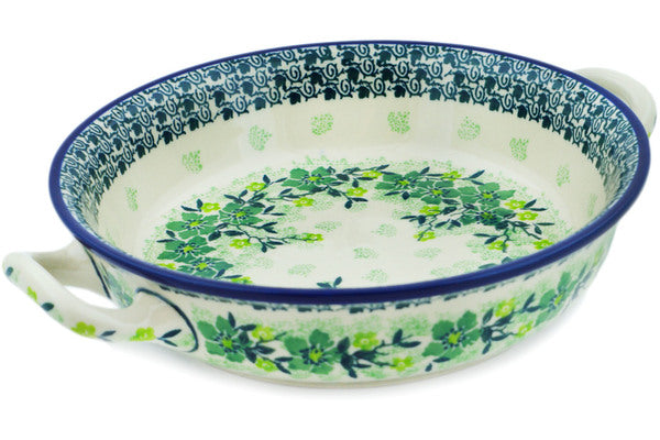 Polish Pottery Round Baker With Handles Medium Evergreen Wreath Theme 