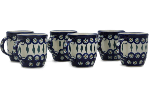 Polish Pottery Set of Six 12oz Mugs Peacock Leaves Theme