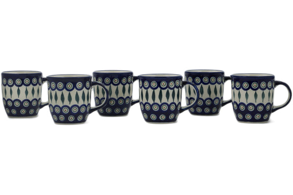 Polish Pottery Set of Six 12oz Mugs Peacock Leaves Theme