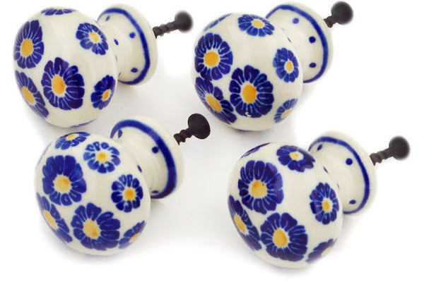 Polish Pottery Set of 4 Drawer Pull Knobs Blue Zinnia Theme