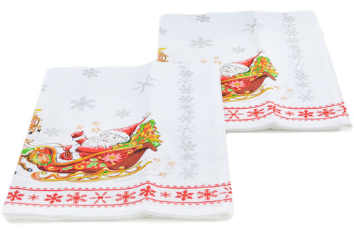Textile Cotton Set of 2 Kitchen Towels 24" Cheerful Santa Red Theme