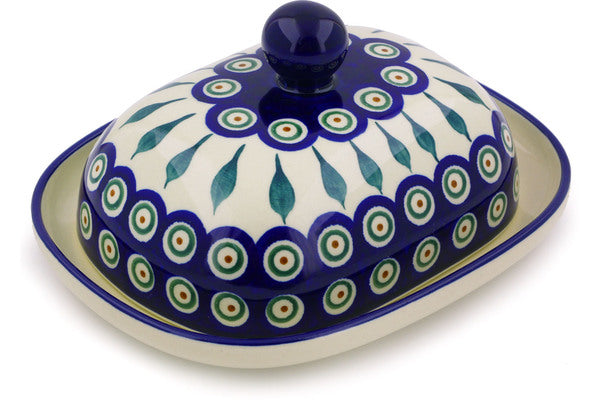 Polish Pottery Butter Dish 8" Peacock Leaves Theme