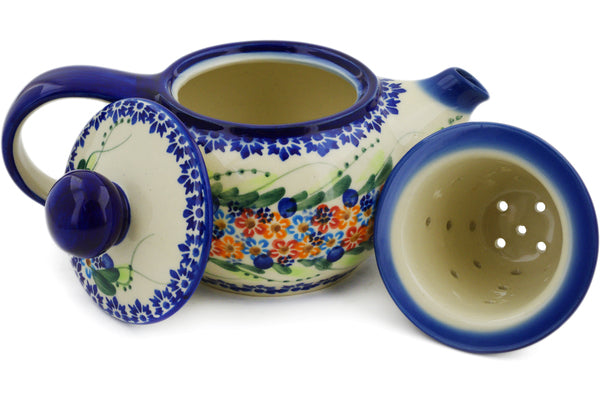 Polish Pottery Tea Pot with Sifter 22 oz Starburst Garland Theme UNIKAT