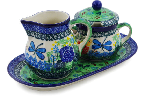 Polish Pottery Sugar and Creamer Set 11" Garden Delight Theme UNIKAT