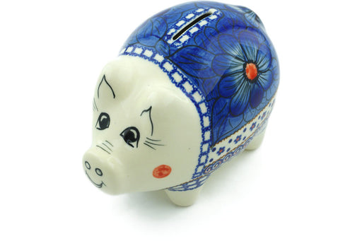 Polish Pottery Piggy Bank 4" Blue Heaven Theme