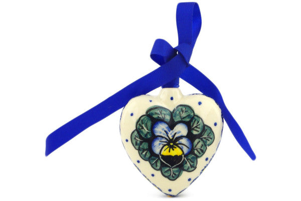 Polish Pottery Ornament Heart 3" Flower In The Grass Theme UNIKAT